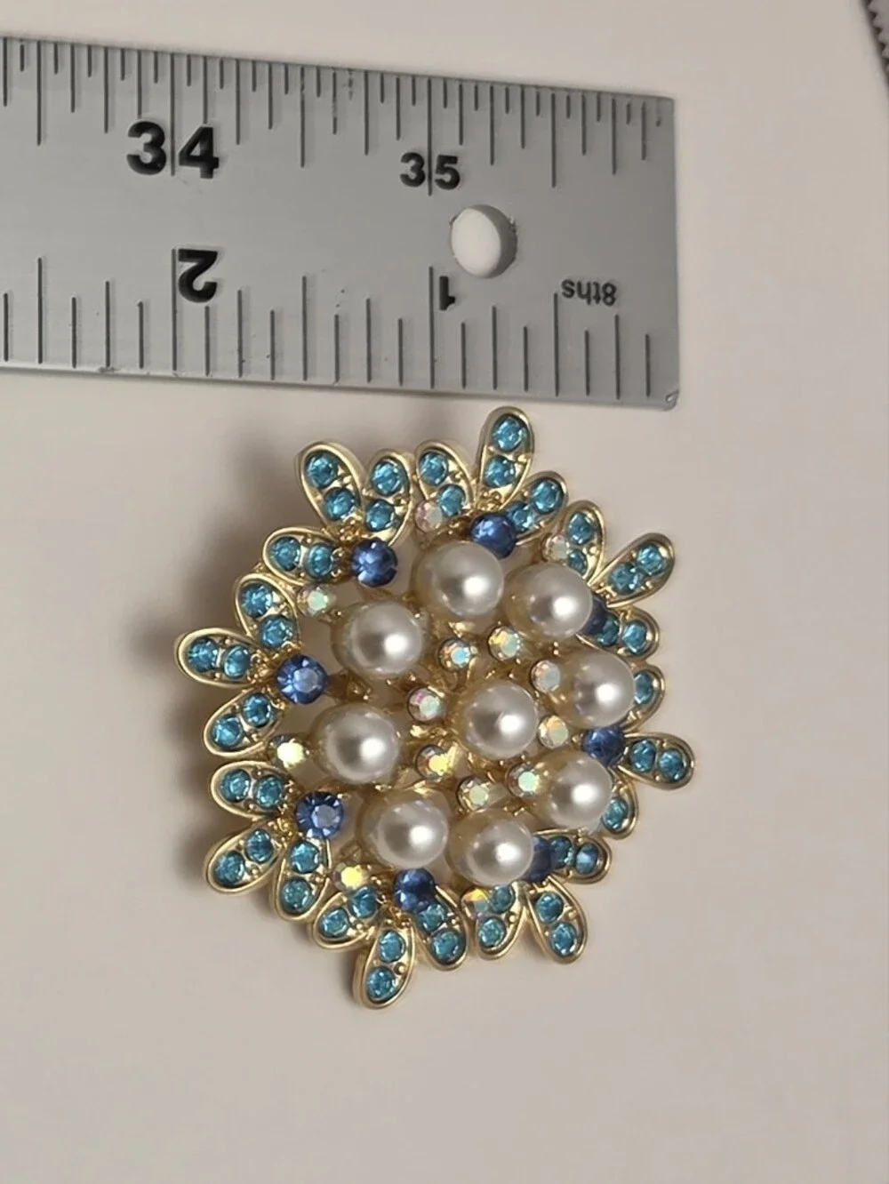 Source Unknown Gold Pearl & Turquoise Blue Crystal Floral Brooch